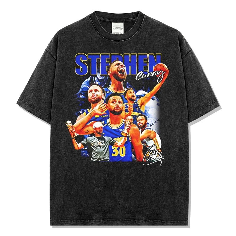 

Vintage Acid Washed Stephen Curry Trophy & Signature Graphic T-Shirt Champion Print Loose Fit Men's Basketball Streetwear Top