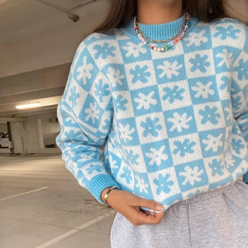 Vintage Elegant Y2K Floral Knitted Sweater Women Autumn Winter Cute Jumpers Ladies Long Sleeve Pullover Knitwear 90s Aesthetic