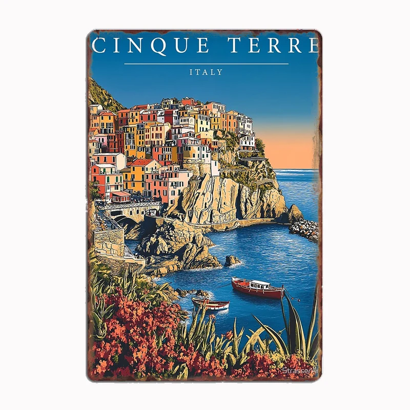 Cinque Terre Italy Travel Poster - Vintage Coastal Village Metal Sign Poster Garage Indoor Room Decor Club Tin Home Wall Deco