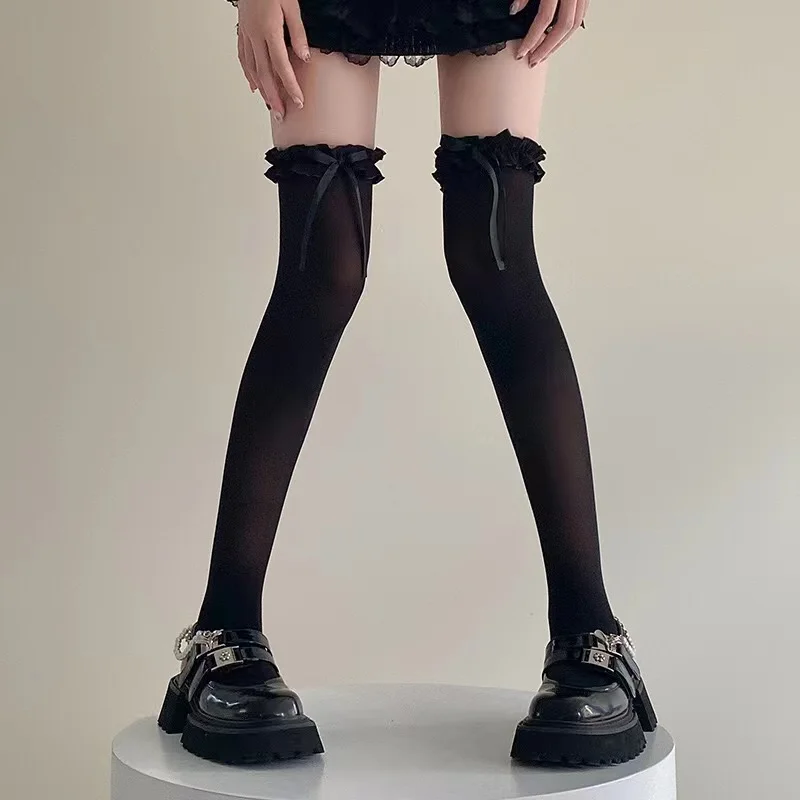 Mulheres rendas preto branco plissado meias longas mulheres meninas meias doces jk lolita náilon rendas leggings sobre o joelho bowknot meias