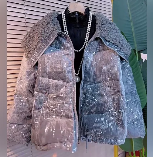 شتاء جديد كبير الحجم مطرزة المرأة الدافئة الفراء طوق سترة موضة تنوعا فضفاضة بسيطة سميكة الترفيه القطن معطف مبطّن #5