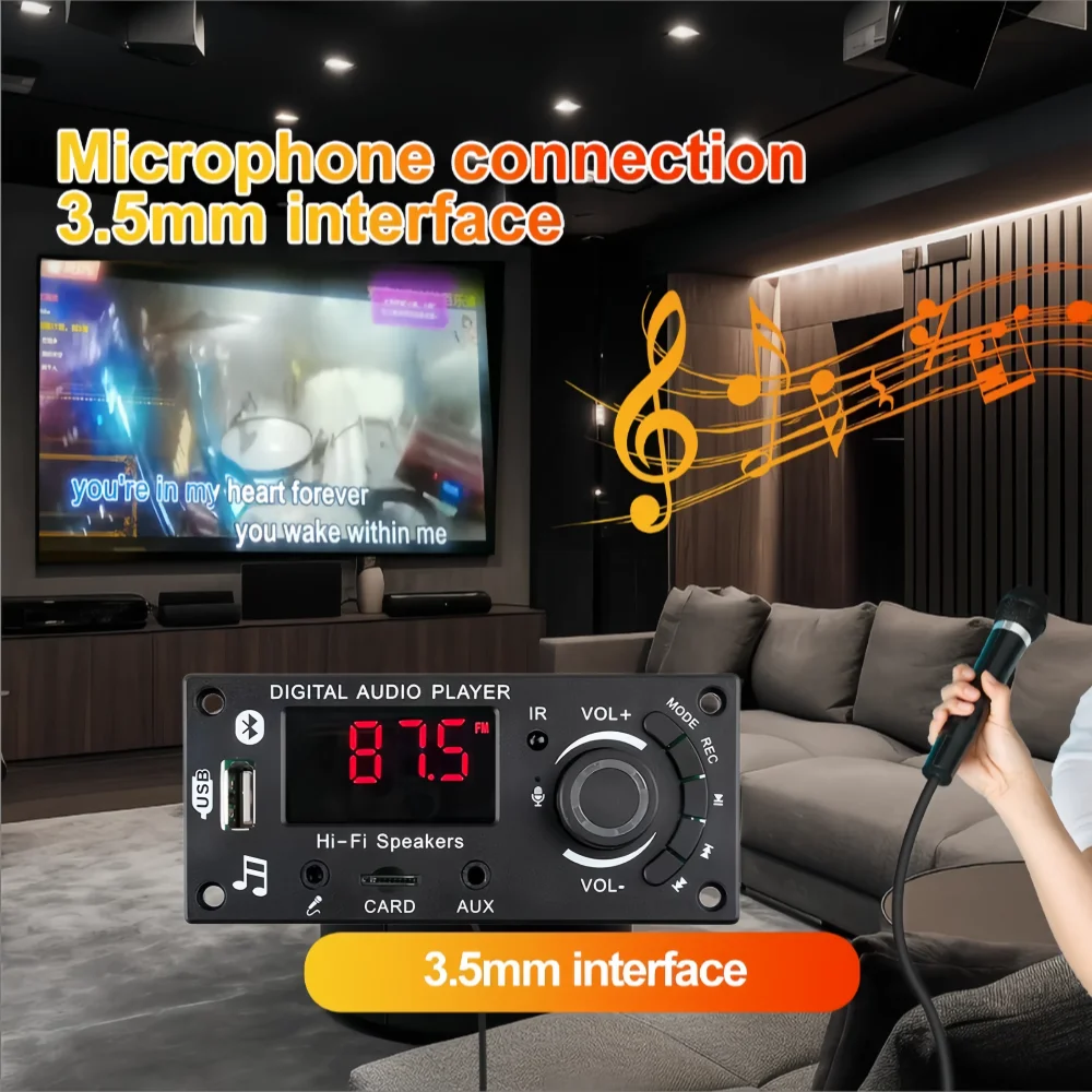 50W DIY Amplifier Bluetooth 5.0 Decoder Board 12V Microphone FM Radio TF USB AUX Car Audio Music Player Speakers Volume Control