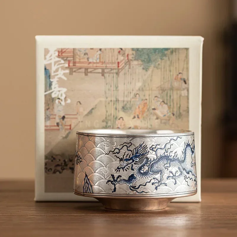 

Silver Gilded Blue and White Dragon Pattern Master Cup Single Cup Household Tea Drinking Cup Large Capacity High-End Porcelain A