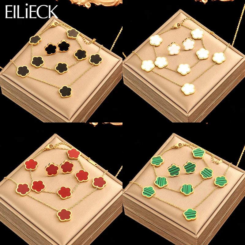 

EILIECK 316L Stainless Steel Five Leaf Clover Necklace Bracelet Earrings For Women Girl Fashion 5-Color Flower Jewelry Set Gift