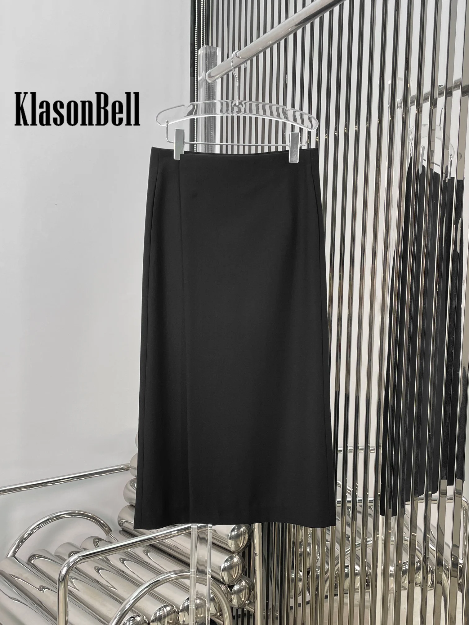 9.7 KlasonBell Women\'s 2024 Autumn New Wool Blend Black All-matches Long Skirt Elegant High Waist Split Straight Skirt