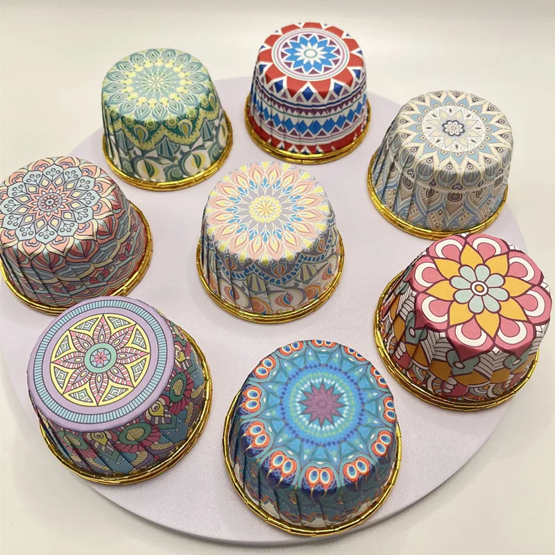 50 PCS Bohemian Patterned Middle Eastern Single-sided Golden Cake Cup With Rolled Mouth Heat-resistant Thickened Muffin Cups