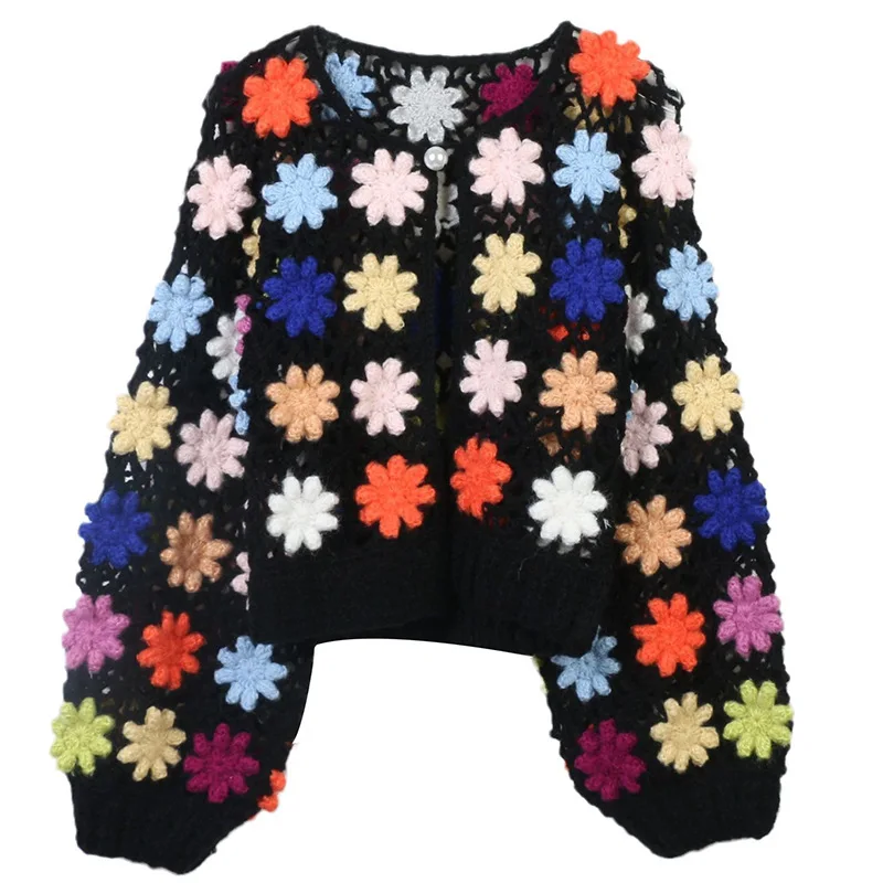 

High Quality Handmade Hook Flower Hollow Out Contrast Color Loose Knitted Cardigans Jacket 2024 Autumn Women Retro Sweaters