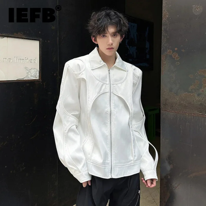 

IEFB Shiny Shoulder Pad Short Zipper Jacket Autumn Winter Men's Deconstructive Design Solid Color Lapel Niche Design Male 9C7192