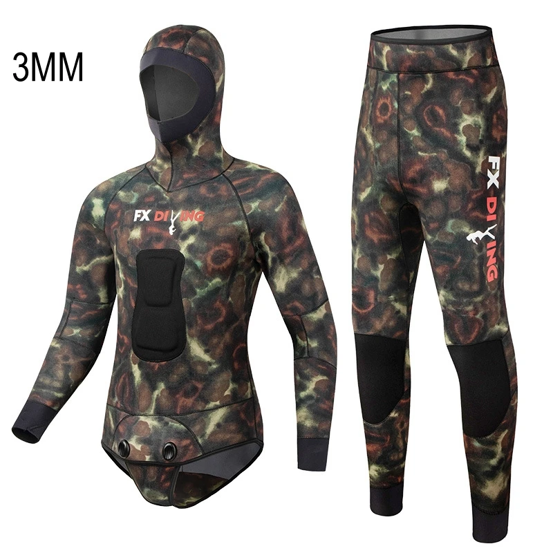 3MM Two Pieces Neoprene Spearfishing Keep Warm UnderWater Hunting Diving Suit Scuba Kayaking Snorkeling Surfing WetSuit Hooded