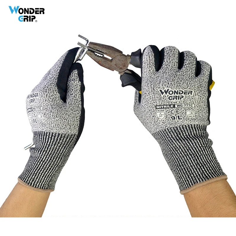 

Wonder Grip Level 3 Cut Resistant Safety Work Gloves 13-Gauge HPPE & Spandex Anti-Cut Liner Dual Nitrile Palm Coating Anti-Slip