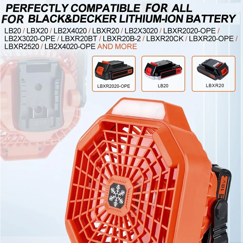 Per Black & Decker 18v Batteria Ventilatore portatile Ventilatore da campeggio remoto con 3 impostazioni di velocità ad alta efficienza energetica e luce LED dimmerabile
