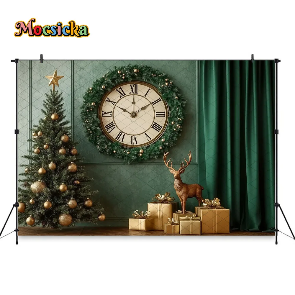 Mocsicka عيد الميلاد ساعة جدار خلفية التصوير الفوتوغرافي شجرة عيد الميلاد الذهبي الأيائل هدية صندوق خلفية الشتاء السنة الجديدة الأسرة استوديو الصور