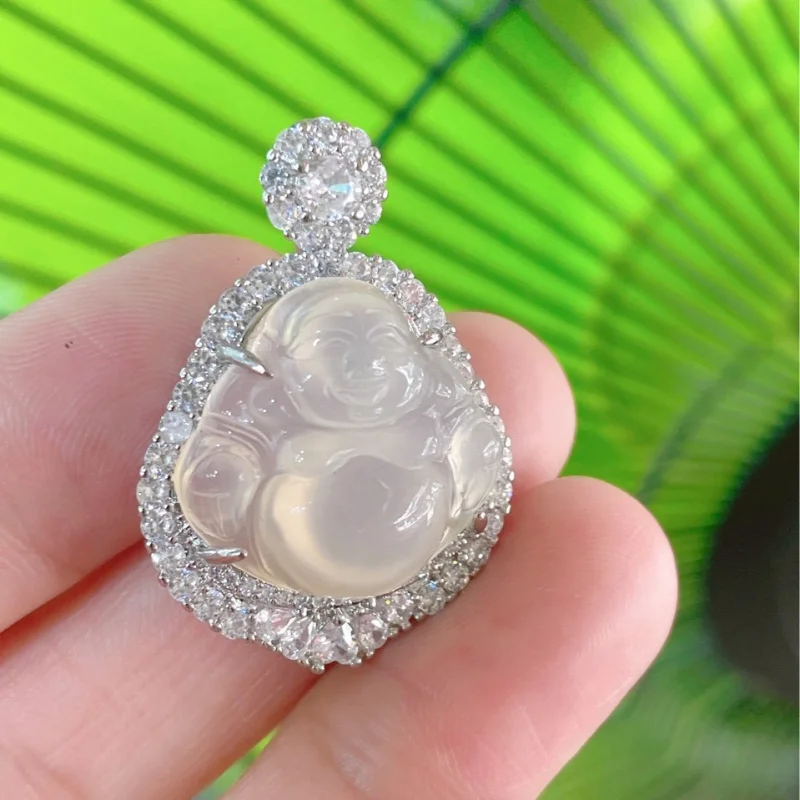 White Transparent Chalcedony Maitreya Pendant Silver Plated Inlaid Jade Laughing Buddha Style Jewelry