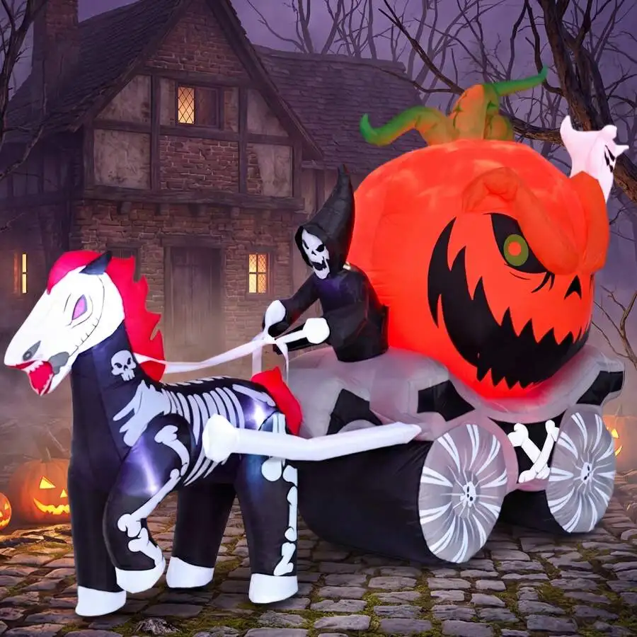 Joyfy 8 Ft Long Halloween Inflatable Carriage With Build-In LED Lights, Blow Up Grim Reapers Driving Pumpkin Carriage For Outdoo