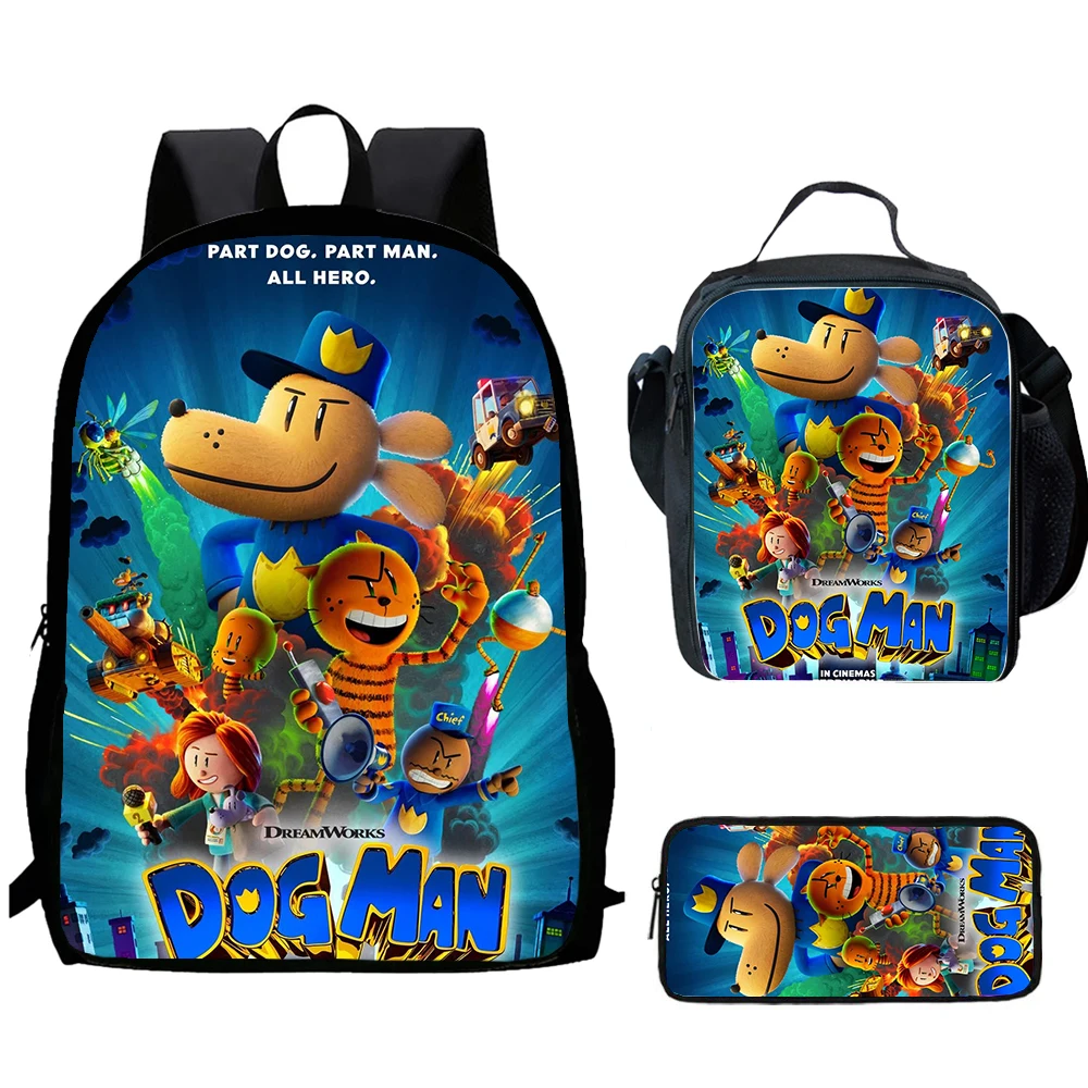 Dogman Cartoon 3 pcs set Child School Backpack with Lunch Bags ,Pencil Bags  School Bags for Boys Girls Best Gift