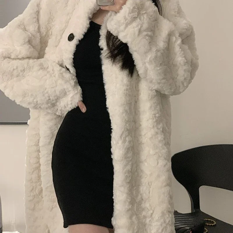 2022 Lamb Hair Coat Women\'s Long Coat Knee Length Imitation Rabbit Hair Fur Thickened Loose Stand Collar