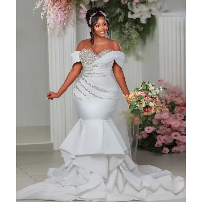 Elegant Sweetheart Mermaid Wedding Dress Off Shoulder Sparkling Beaded Bride Dress Ruffle Edge Layered Wedding Dress Custom