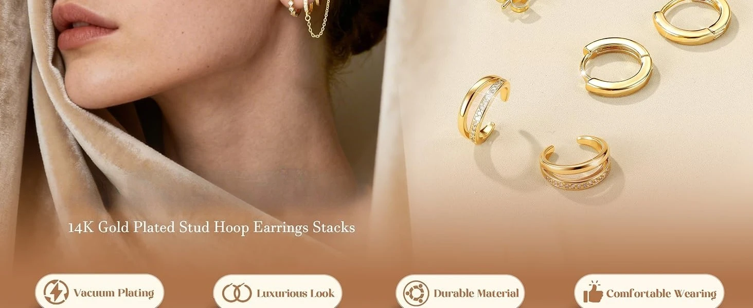 Drperfect 4 Paar kleine Creolen für Damen, 14K vergoldet, trendiges Ketten-Hängeohrring-Set, CZ Creolen, Knorpelohrring-Piercing – Detail 2