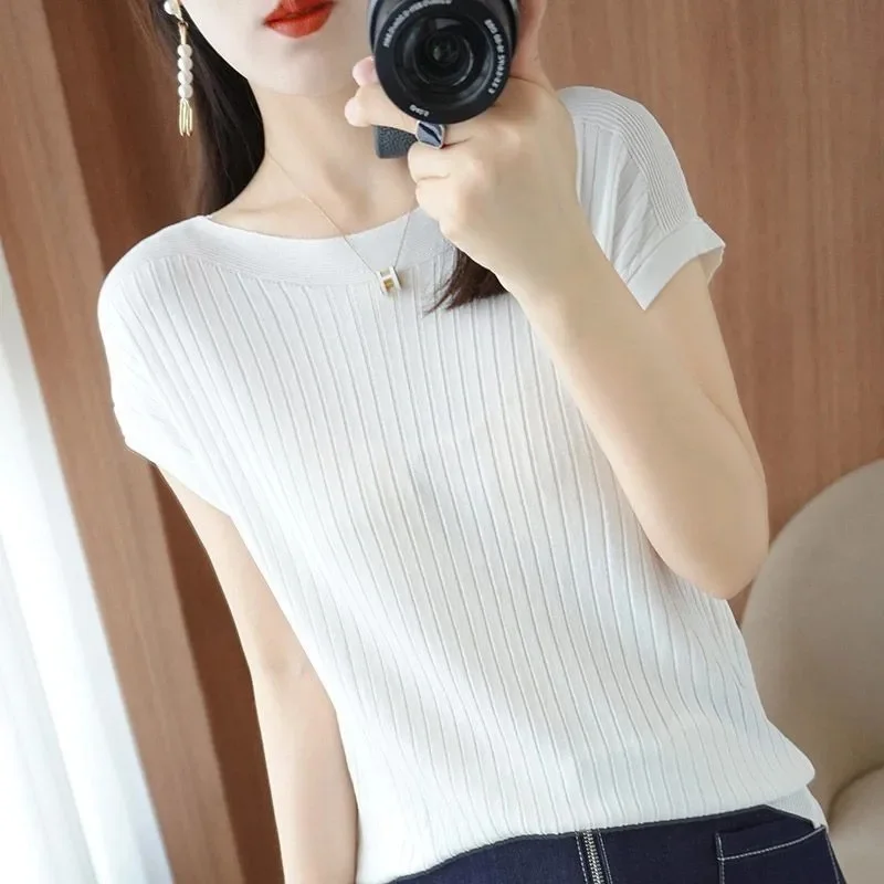 2024 New Spring Autumn Fashion Straight Neck Knitted Sweater Short Sleeve Women Solid Color Simple Casual Tops Femme