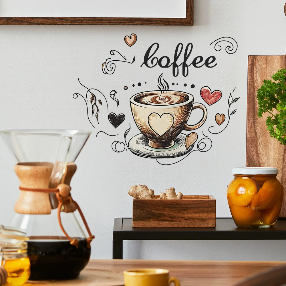 Creative Love Coffee Cup Wall Stickers For Cafe Background Decoration Wallpaper Kitchen Beautify Home Decor Self-adhesive Decals