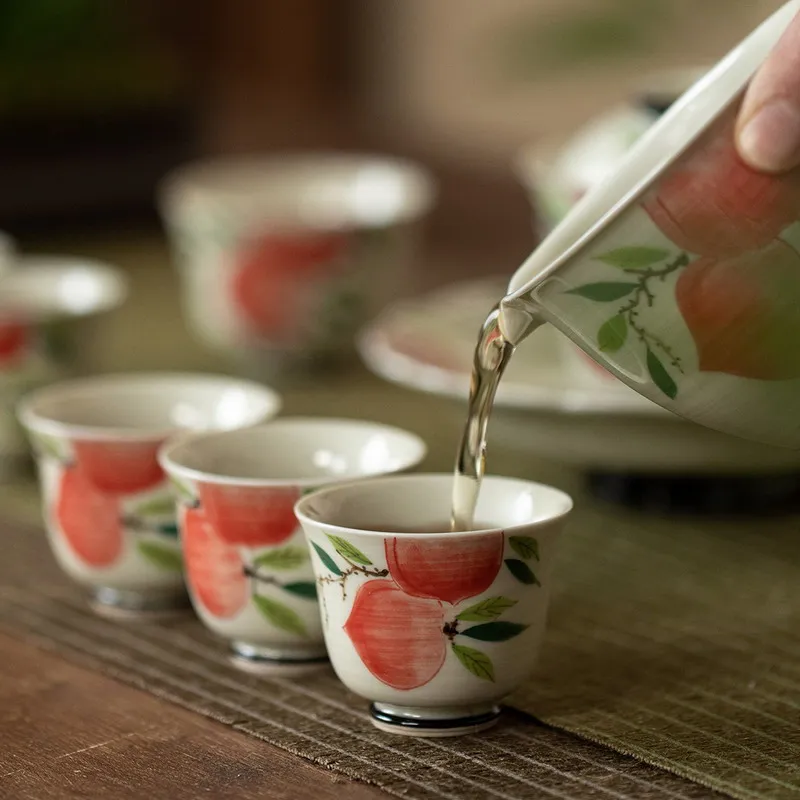 

Plant Gray Glazed Cover Pill Set: Hand Painted Longevity Peach Tea Tray & Bowl