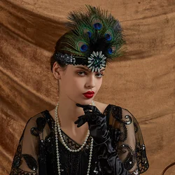 Carnival Peacock Feather Headband 1920s Headpiece Halloween Rhinestone Tassel Vintage Gatsby Party Photography Hair Accessories