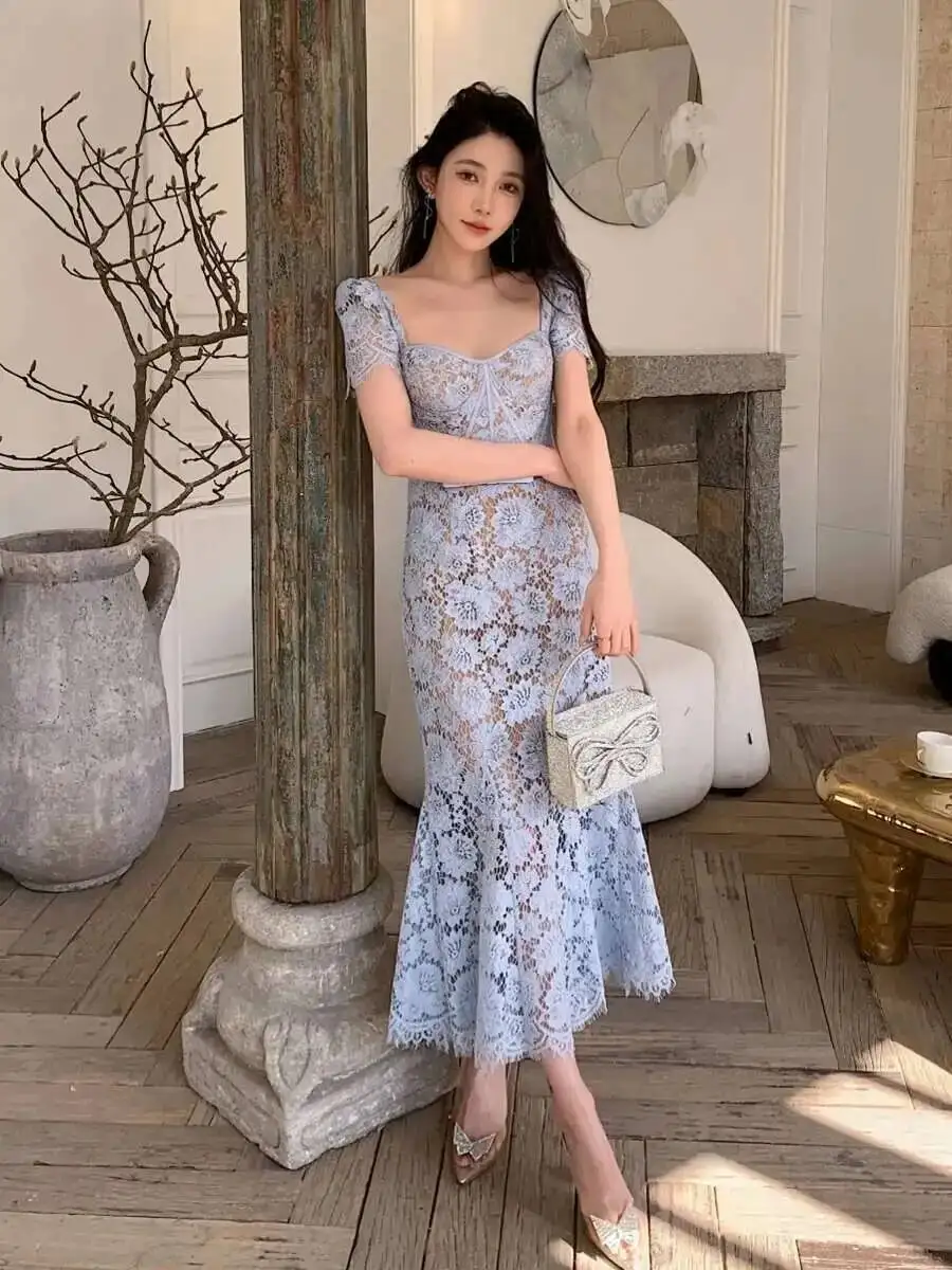 Elegant Blue Lace Evening Dresses Women Summer Holiday Embroidery Hollow Out Belt Short Sleeve Prom Party Fishtail Long Dress