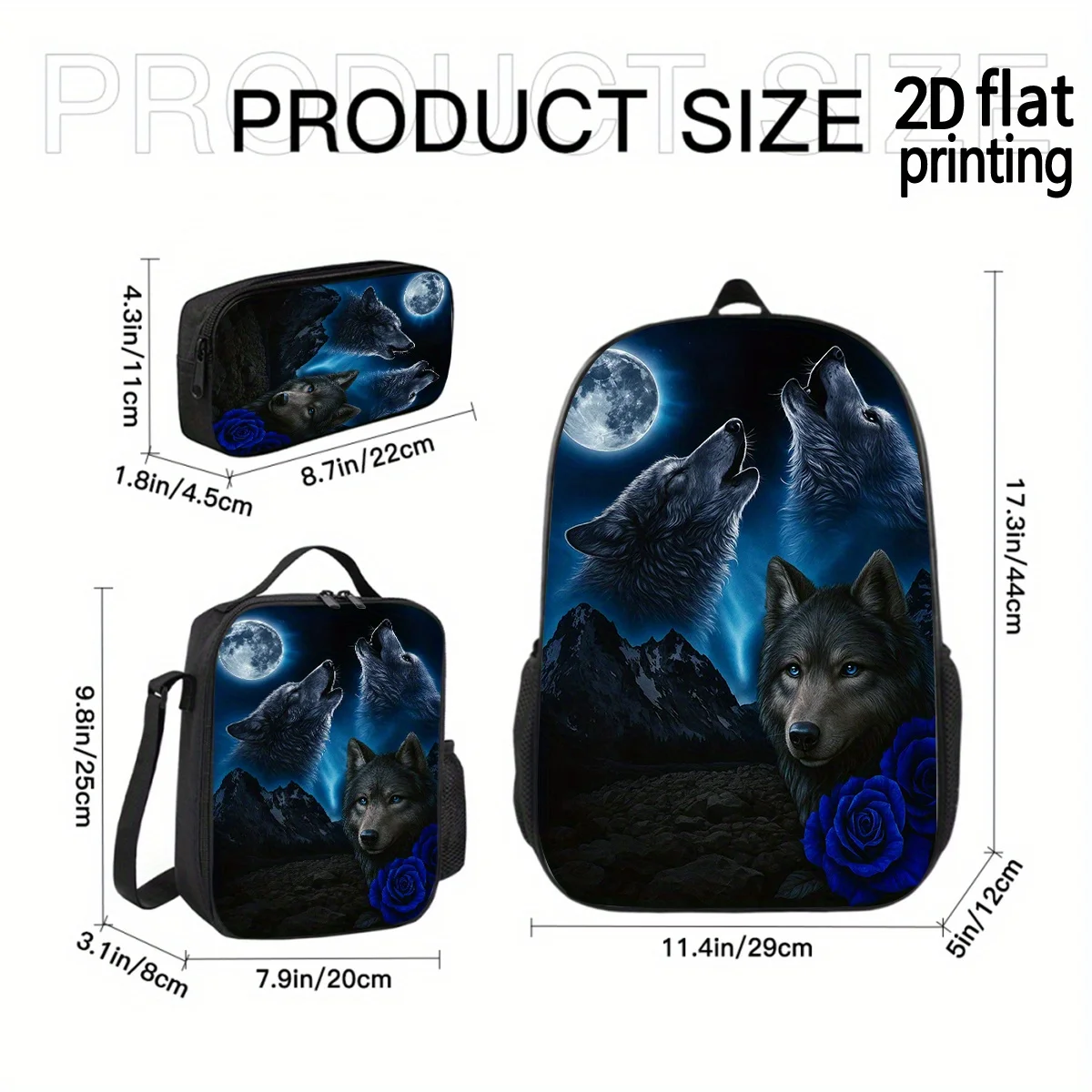 

A Three-piece Backpack Set Featuring Howling Wolves and Blue Roses, Designed for Lightweight Outdoor Leisure Use. Includes a Bac