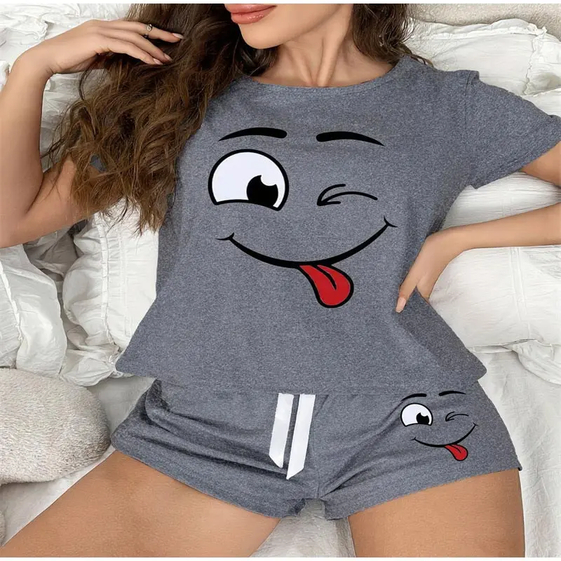 Summer Smiley Face Printed Pajamas Set Women's Short Sleeved Top And Shorts 2-piece Set Casual Home Wear Soft Cotton Nightwear view 2