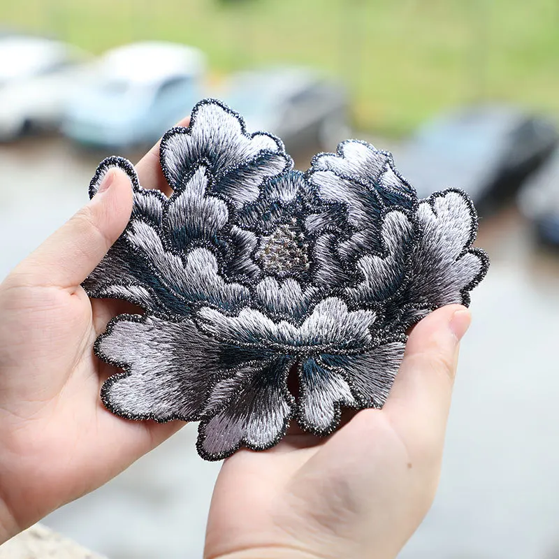 1 Piece 14.5*13cm Blue Pink Yellow Red Peony Embroidery Patch Applique Sew on Patch for Evening Dress Bag DIY Glue-free