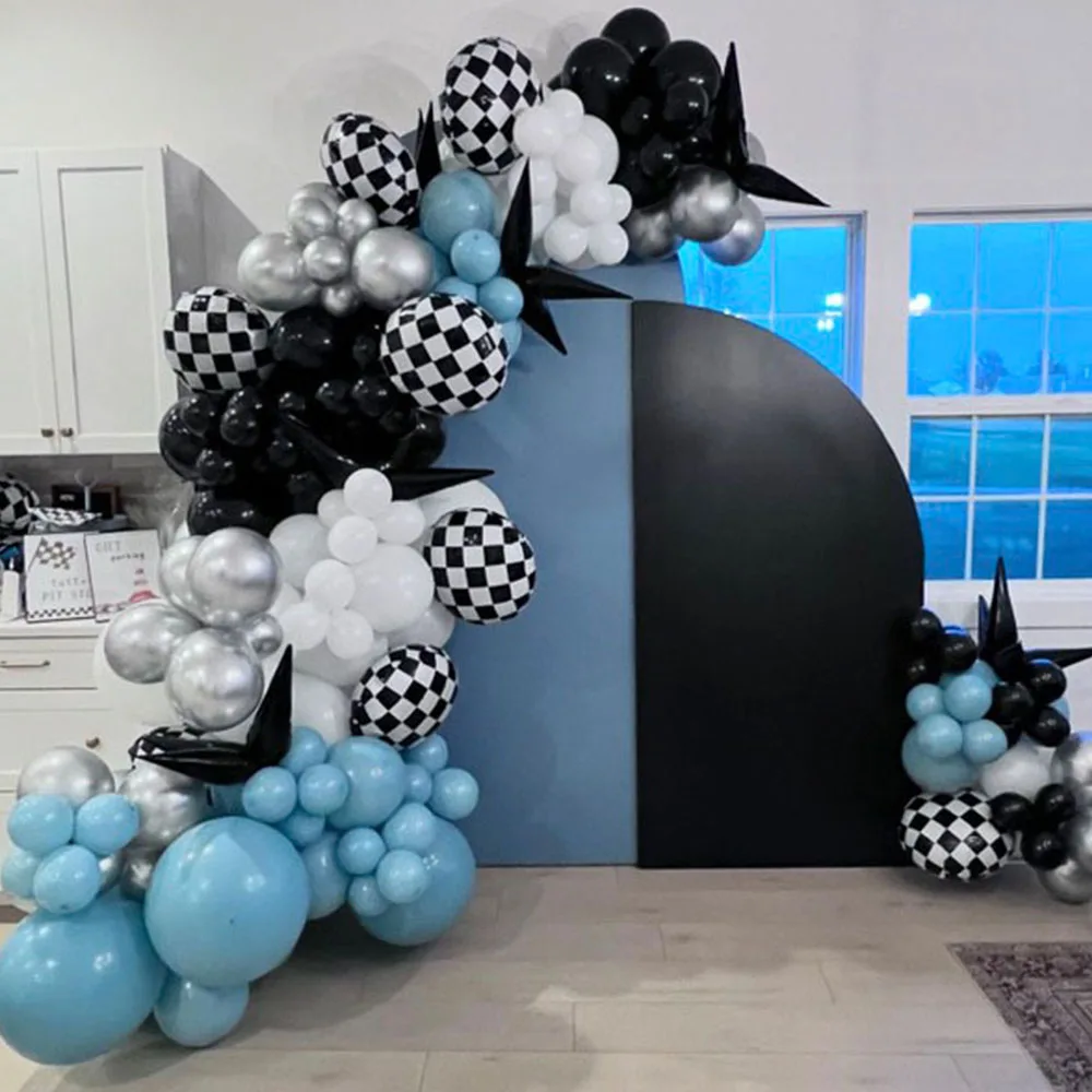 129Pcs Black Starburst Balloon Garland Kit Blue and Silver White & Checkered Flag Balloons Race Cars Party Birthday Decorations