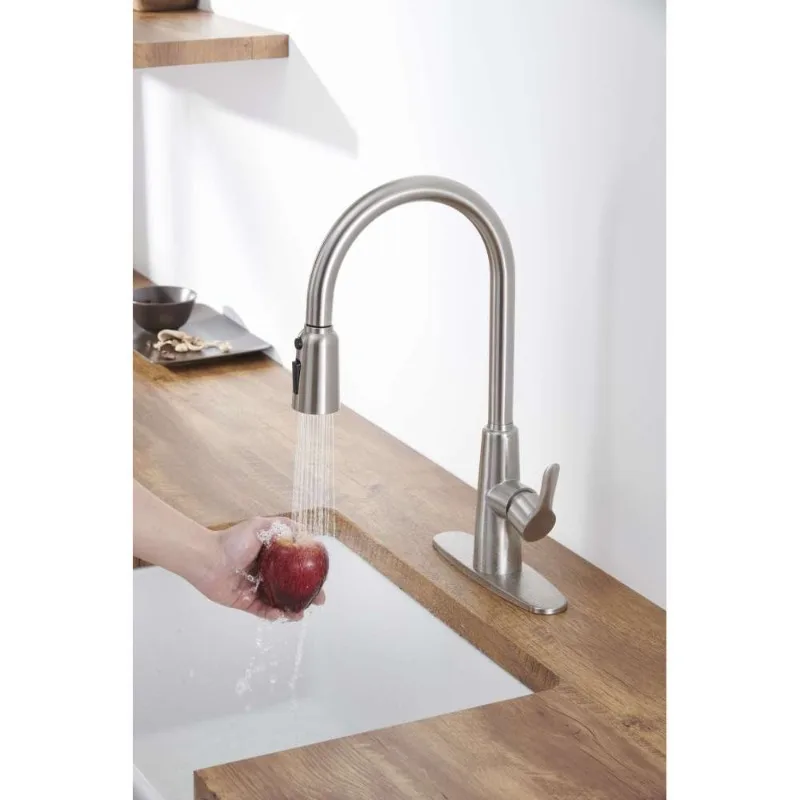 

Brushed Nickel Pull Out Sprayer Kitchen Sink Faucet Stainless Steel High Arc 3 Way Setting Single Handle Deck Plate Included