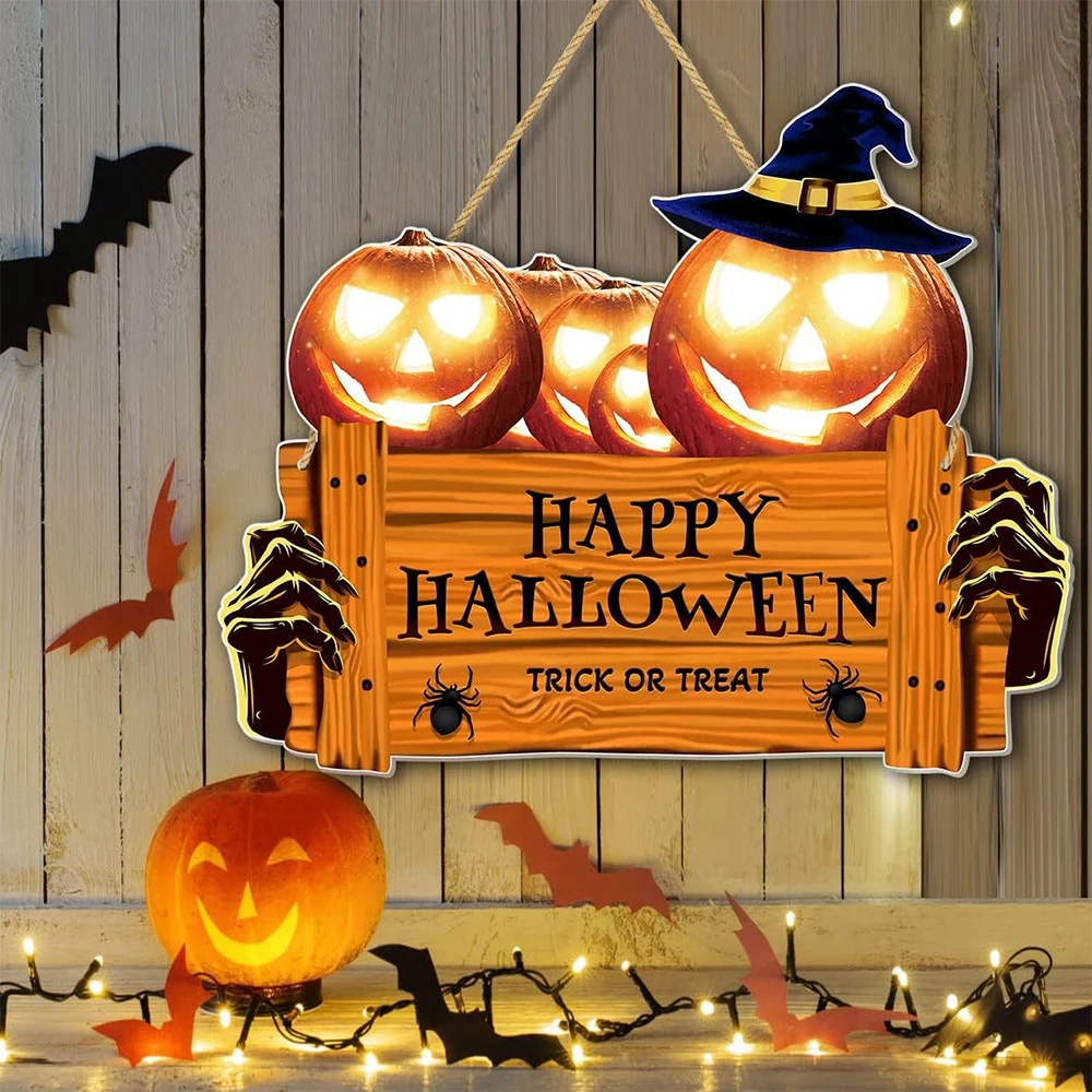 

Happy Halloween Wooden Sign, Pumpkin With Hat Wooden Sign, Suitable For Home, Wall, Room,Cafe, Shop, Party, Holiday Decoration