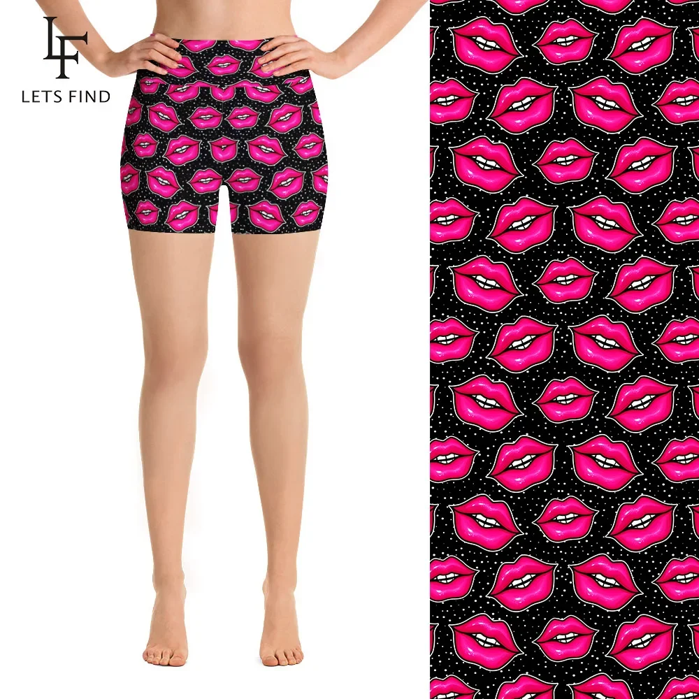 LETSFIND-pantalones cortos elásticos de cintura alta para mujer, mallas informales de poliéster con estampado de labios rosas