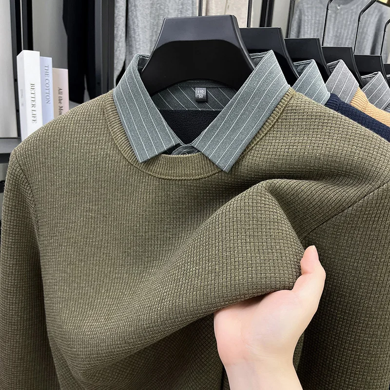 

High end wool luxury men's sweater personality fake two-piece design casual comfort new fashion striped shirt collar pullover