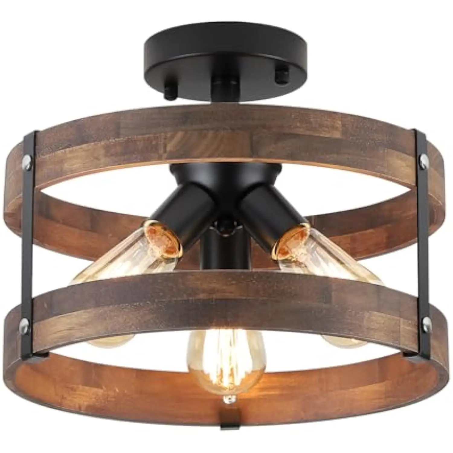 

3-Light Rustic Farmhouse Wood Flush Mount Ceiling Light Fixture Oak Wood Round Drum Semi Flush Mount Ceiling Light for Hallway