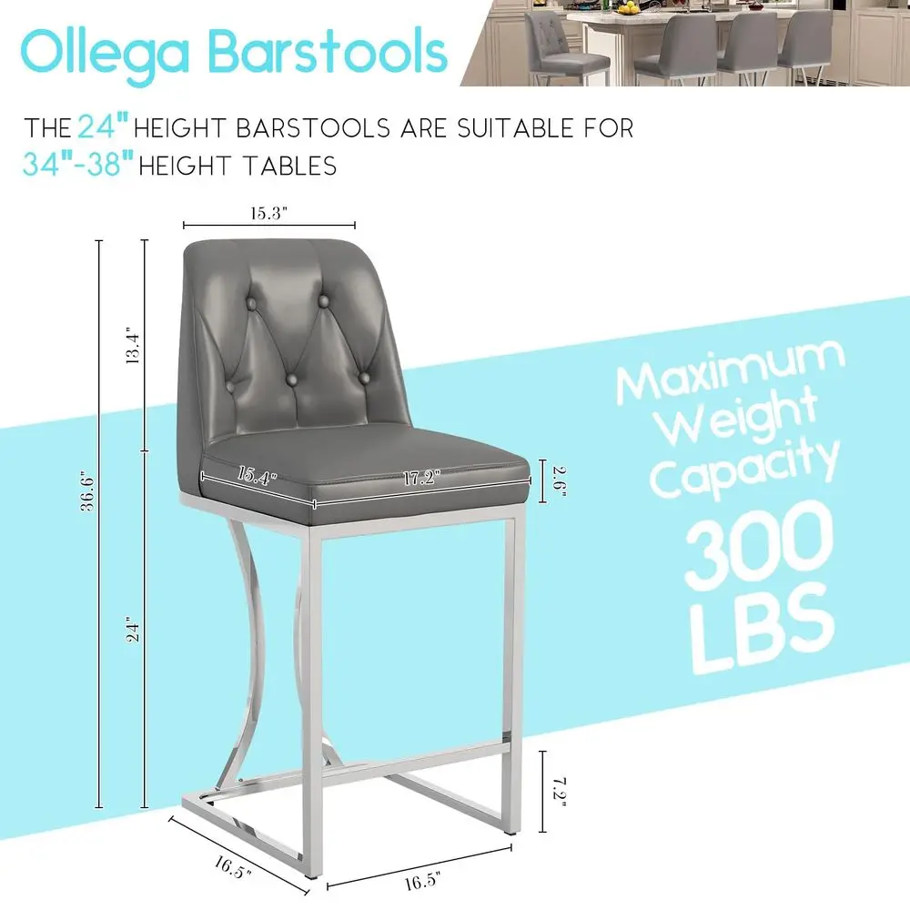 

24 Counter Height Bar Stools Set of 4, Grey Counter Stools with Back and Sliver Metal Frame, Modern Luxury Barstools with Footr
