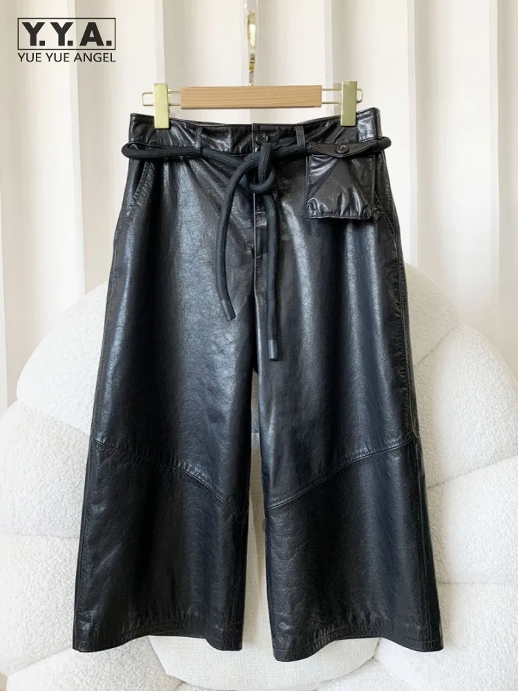 

New Women Office Retro Oil Wax Genuine Leather Lace Up Casual Wide Leg Trousers Loose Fit Versatile Fashion Lady Wide Leg Pants