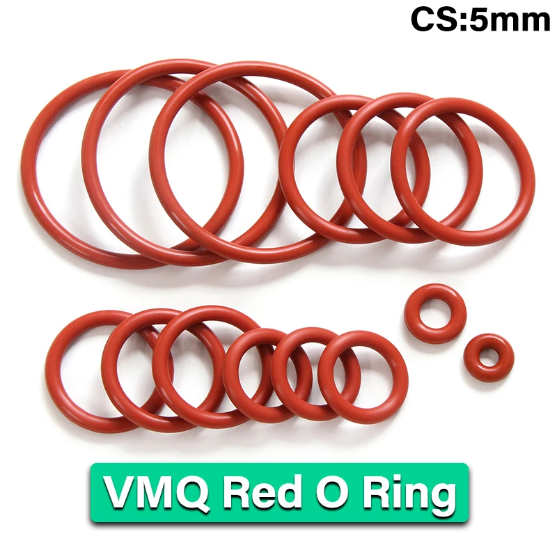 

10pcs VMQ O Ring Gasket Thickness CS 5mm OD 15 ~ 150mm Red Waterproof Washer Round O Shape Silicone Ring Food Grade