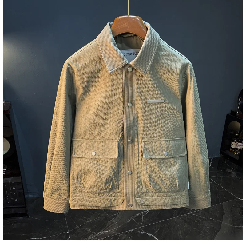 Autumn men's jacket trend new item lapel button cardigan jacket large size loose casual embossed top for men
