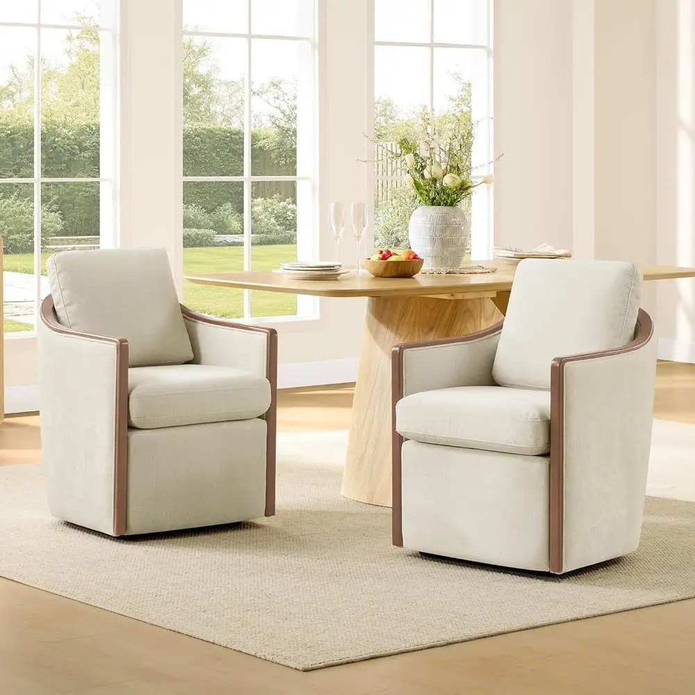 

Cream Upholstered Dining Chairs Set of 2 with Casters, Backrest, and Wood Armrests, Fully Assembled