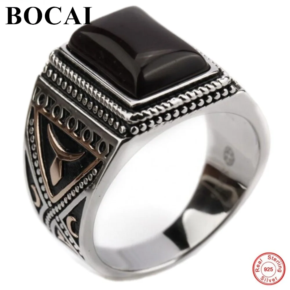 

BOCAI S925 Sterling Silver Man's Ring 2022 New Creative Retro Pattern Black Agate Pure Argentum Jade Gemstone Ornaments Jewelry