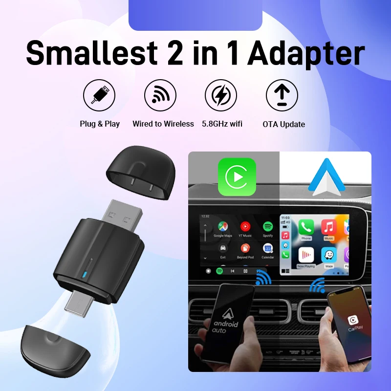 XUDA 2IN1 Car Radio Wired to Wireless CarPlay Dongle Wireless Android Auto Type-C USB Plug and Play for Audi Kia Toyota VW Benz