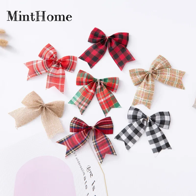 

Бант из клетчатой ленты для Рождественского украшения, лук из имитации конопли, корсажная лента, пара бантов, красный, черный, белый, 1 шт.