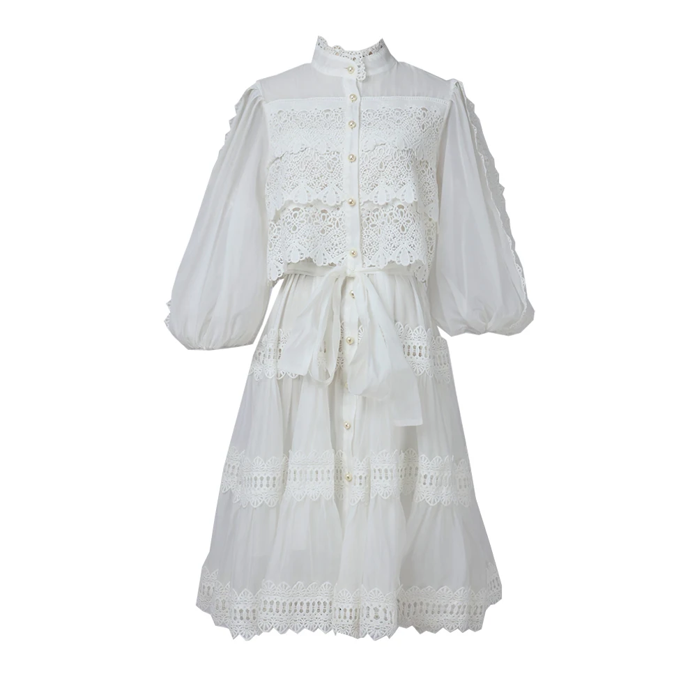 Vestido Midi Estilo Solto com Camadas e Renda em Cor Pura Artística Retro Europeia com Mangas Sino e Gola Alta