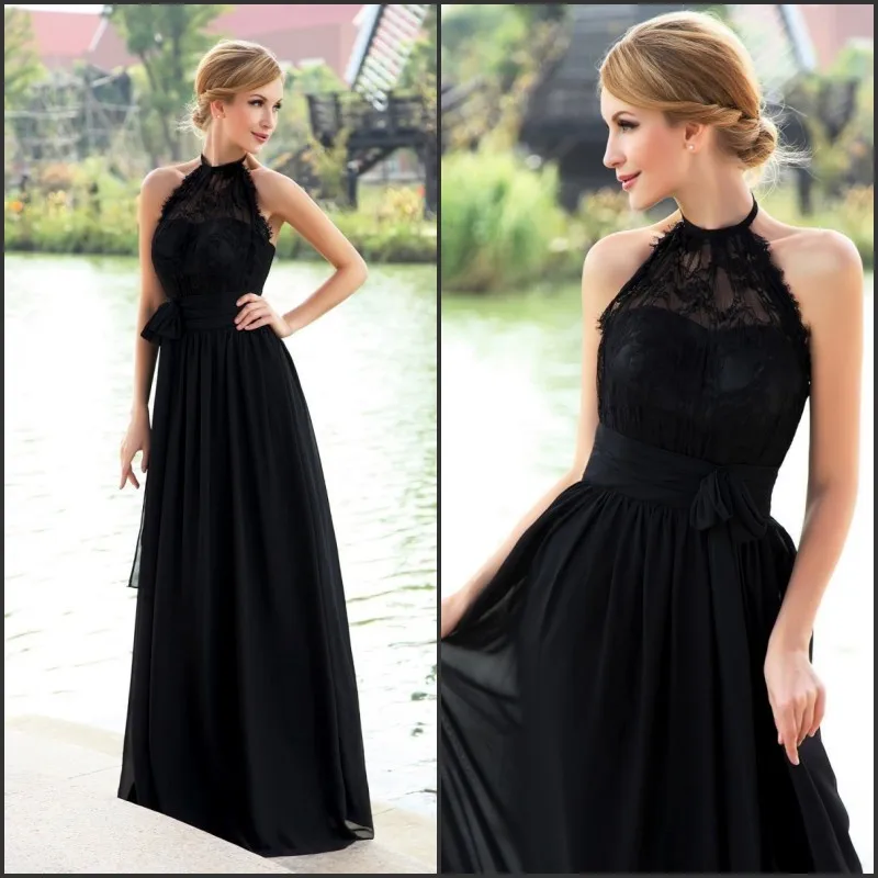 Barato elegante Formal Preto Vestidos de noite Long Backless Halter Lace Chiffon Prom dama de honra Vestidos de festa