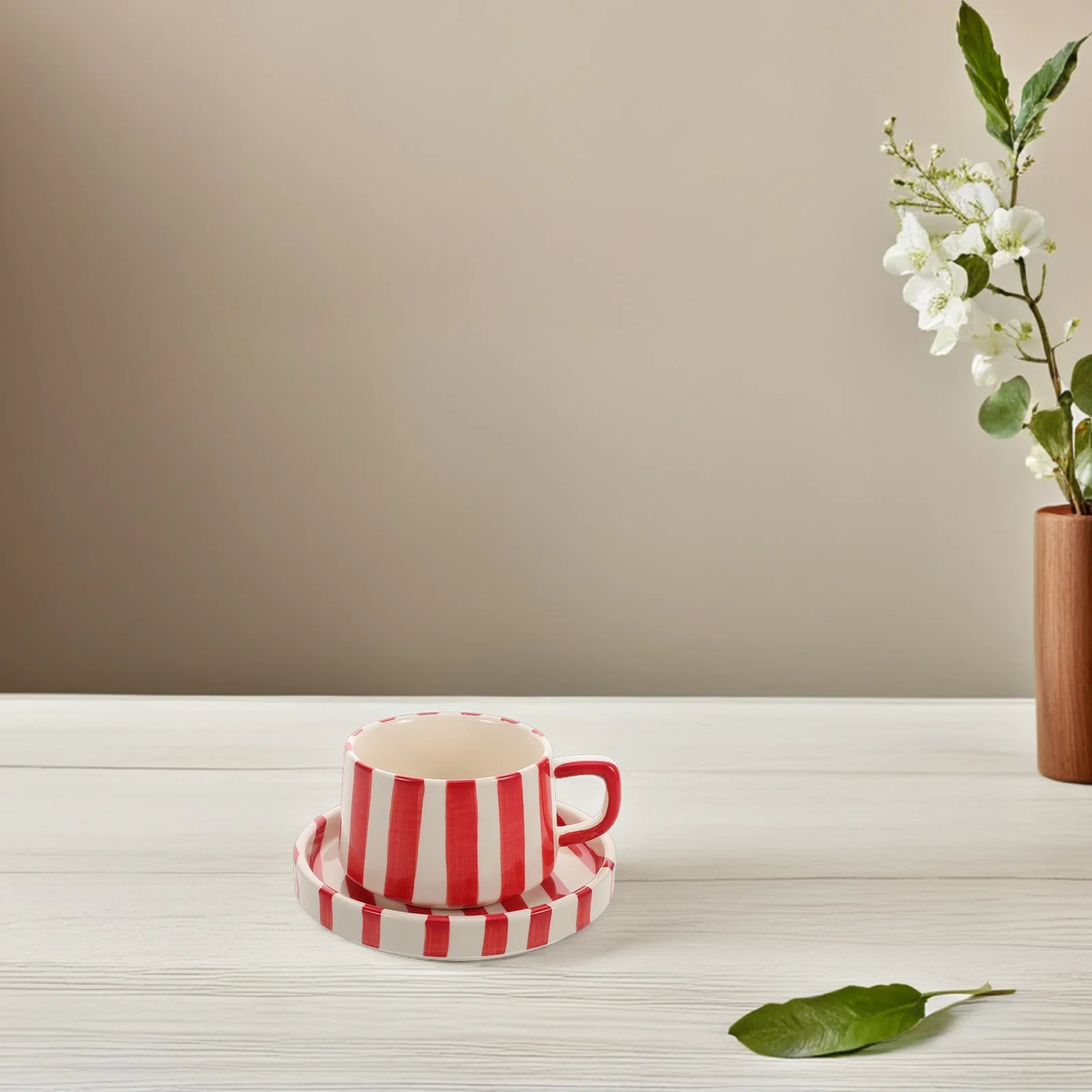 1Set Ceramic Coffee Cup with Saucer Unique Striped Pattern Mug for Tea Cappuccino Office Breaks Rustic Ceramic Drinkware Set