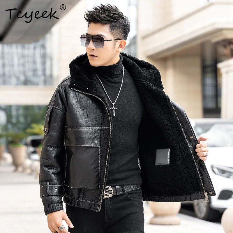 Tcyeek chaqueta de cuero genuino para hombre 2025, ropa de invierno, chaquetas con capucha para hombre, abrigos de piel de oveja Natural, abrigos de piel holgados Куртка Muhж......