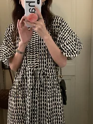 Elegant round Neck Geometric Stripe Print Loose High Waist Puffy Sleeve Long Dress Women's Fashion Commute Style Spring Autum...