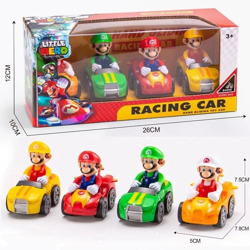 

4pcs Super Mario Brothers Car Toys Kawaii Anime Figure Action Figure Model Luigi Car Figurine Christmas Gift for Kids